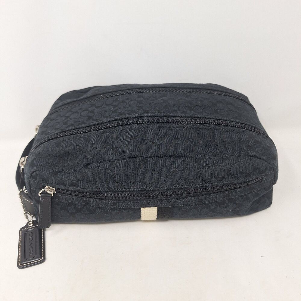 Coach Black Signature Jaquard Logo Canvas White Stripe Toiletry Bag Travel - Picture 1 of 9